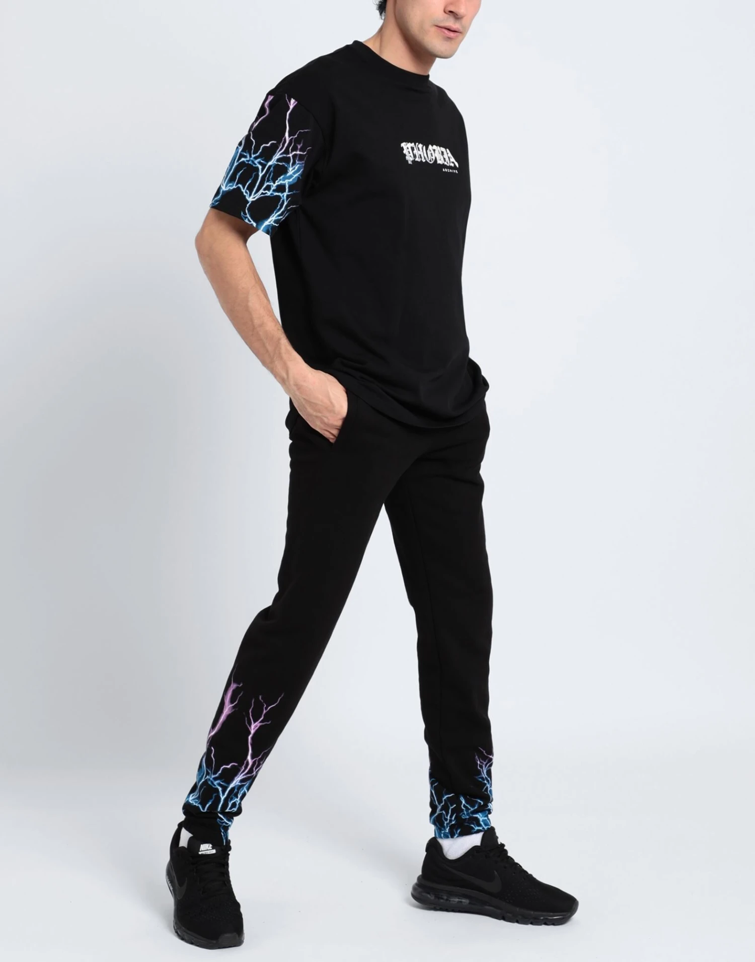 PHOBIA ARCHIVE PANTS WITH BLUE AND PURPLE LIGHTNING Black Men‘s Casual Pants 2 PHOBIA ARCHIVE PANTS WITH BLUE AND PURPLE LIGHTNING Black Men‘s Casual Pants - Image 2